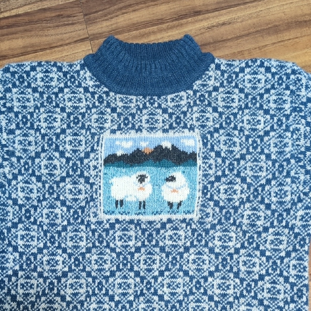 Blue Patterned Sweater with Sheep Design